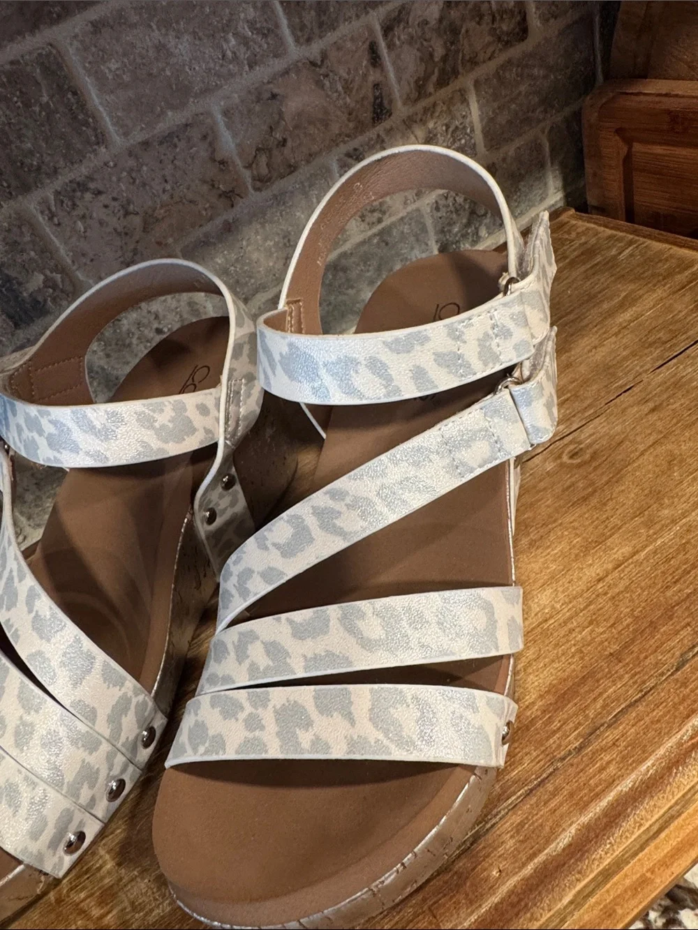 Corkys Silver and White Leopard Print Wedge Sandals